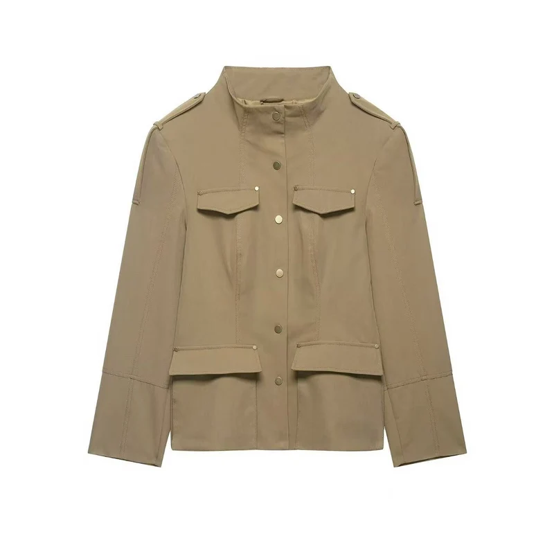 Damen Militärinspirierte Utility-Jacke mit Stehkragen und aufgesetzten Pattentaschen Nord Taschen
