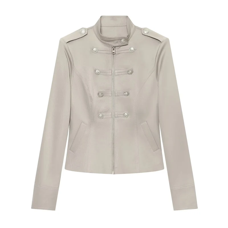Damen Militärinspirierte Kurzjacke mit Stehkragen, Zierknopfleiste und Reißverschluss Nord Taschen