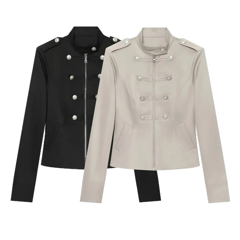 Damen Militärinspirierte Kurzjacke mit Stehkragen, Zierknopfleiste und Reißverschluss Nord Taschen