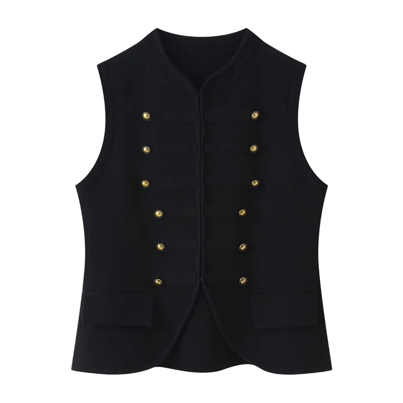 Damen Militärinspirierte Bouclé‑Weste mit Stehkragen und Zierknöpfen Nord Taschen