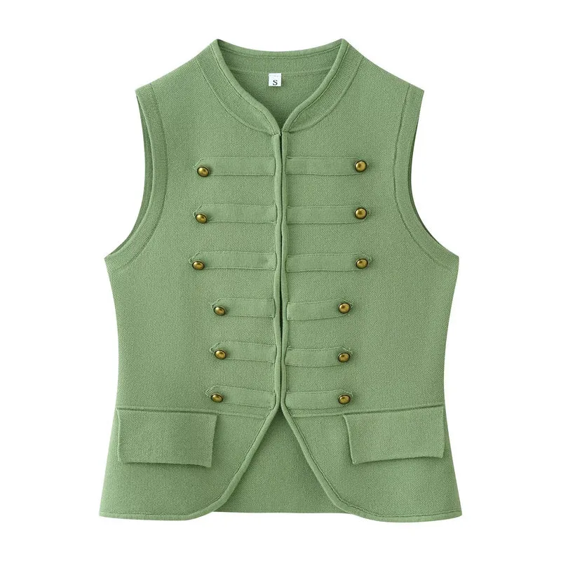 Damen Militärinspirierte Bouclé‑Weste mit Stehkragen und Zierknöpfen Nord Taschen