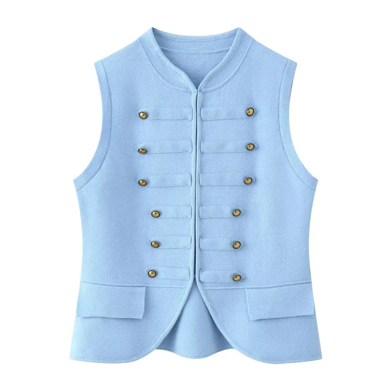 Damen Militärinspirierte Bouclé‑Weste mit Stehkragen und Zierknöpfen Nord Taschen