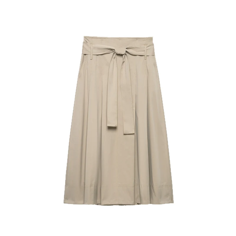 Damen Midirock mit hoher Taille, weitem Godet-Schnitt und Bindegürtel Nord Taschen