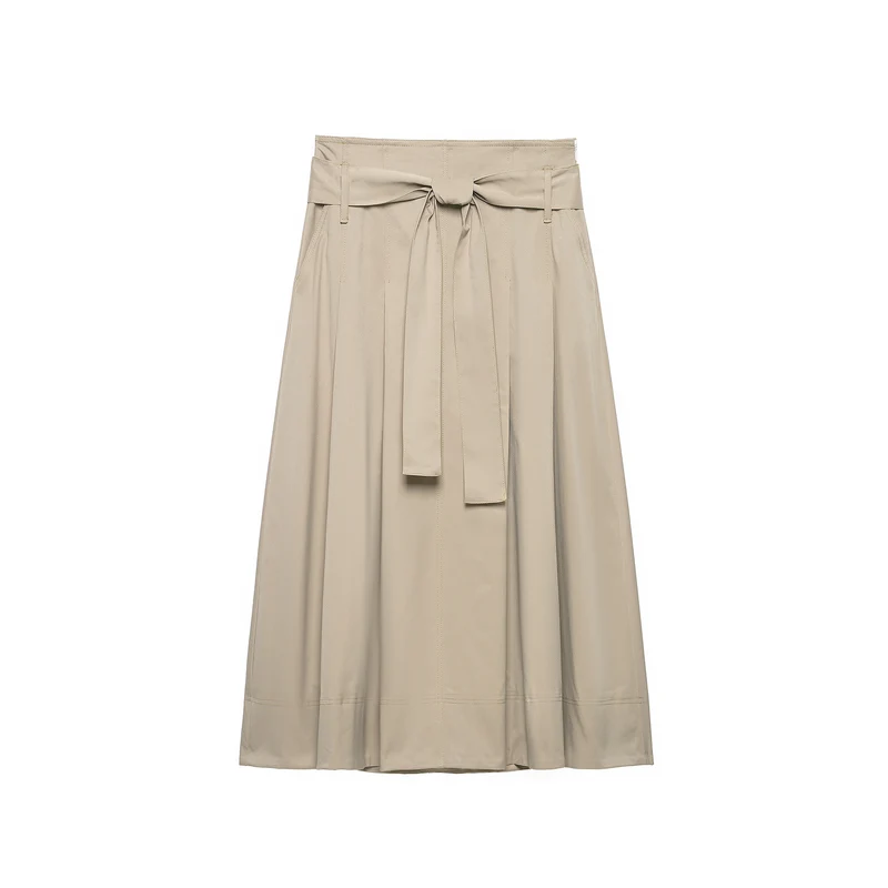 Damen Midirock mit hoher Taille, weitem Godet-Schnitt und Bindegürtel Nord Taschen