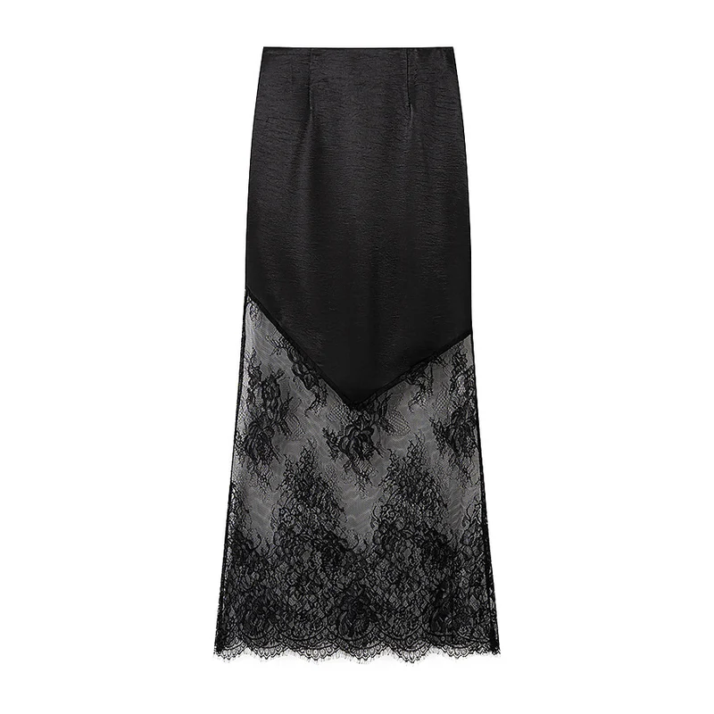 Damen Midirock aus Satin mit spitzem Vorderteil und transparentem Spitzenbesatz Nord Taschen