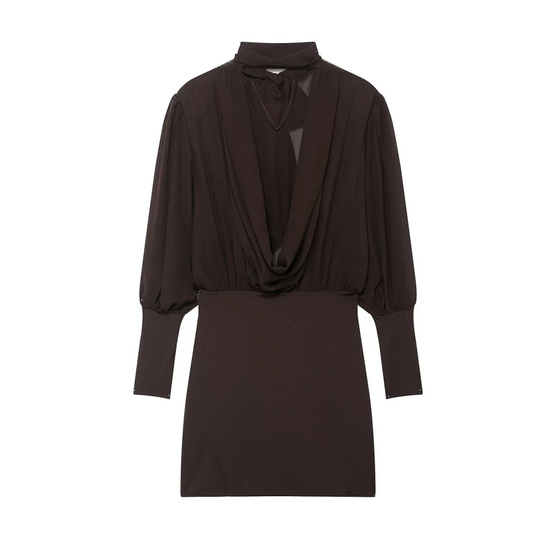 Damen Midikleid mit Schleifenkragen und plissierten Ballonärmeln Nord Taschen