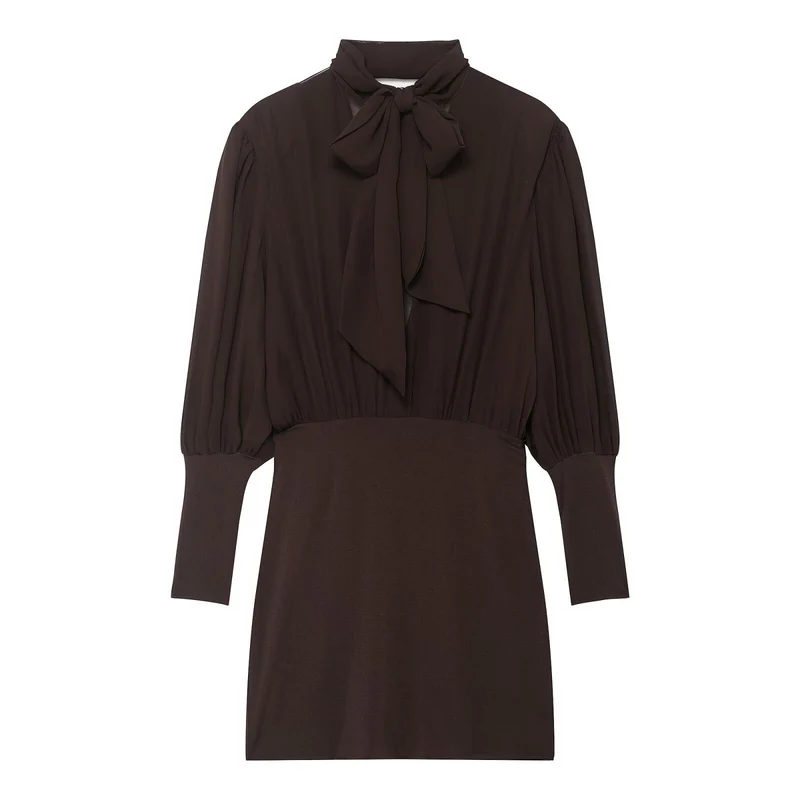 Damen Midikleid mit Schleifenkragen und plissierten Ballonärmeln Nord Taschen