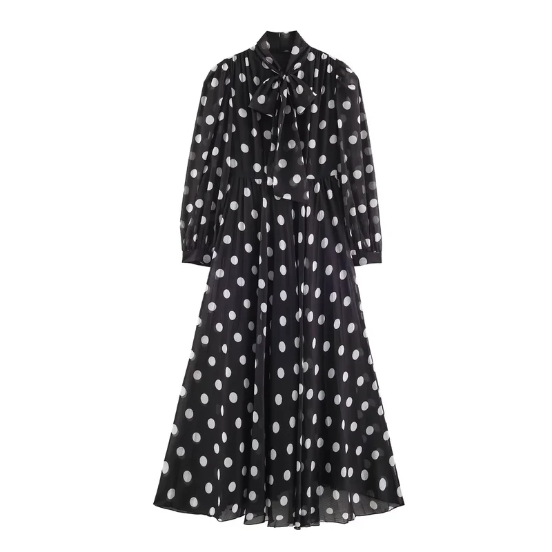 Damen Midikleid mit Plissee-Rock, Schleifenkragen und Volumenärmeln Nord Taschen