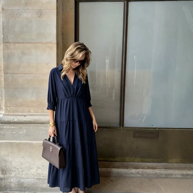 Damen Midikleid im Stufen-Look mit Hemdkragen, V‑Ausschnitt und geraffter Taillennaht Nord Taschen
