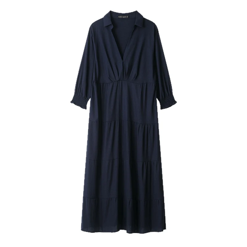 Damen Midikleid im Stufen-Look mit Hemdkragen, V‑Ausschnitt und geraffter Taillennaht Nord Taschen