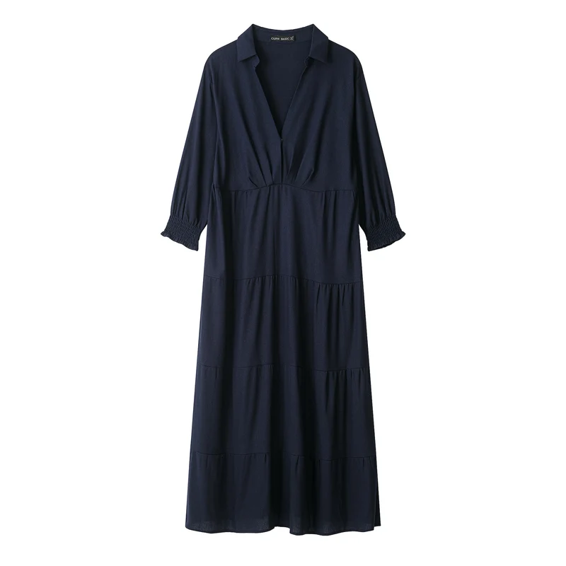 Damen Midikleid im Stufen-Look mit Hemdkragen, V‑Ausschnitt und geraffter Taillennaht Nord Taschen