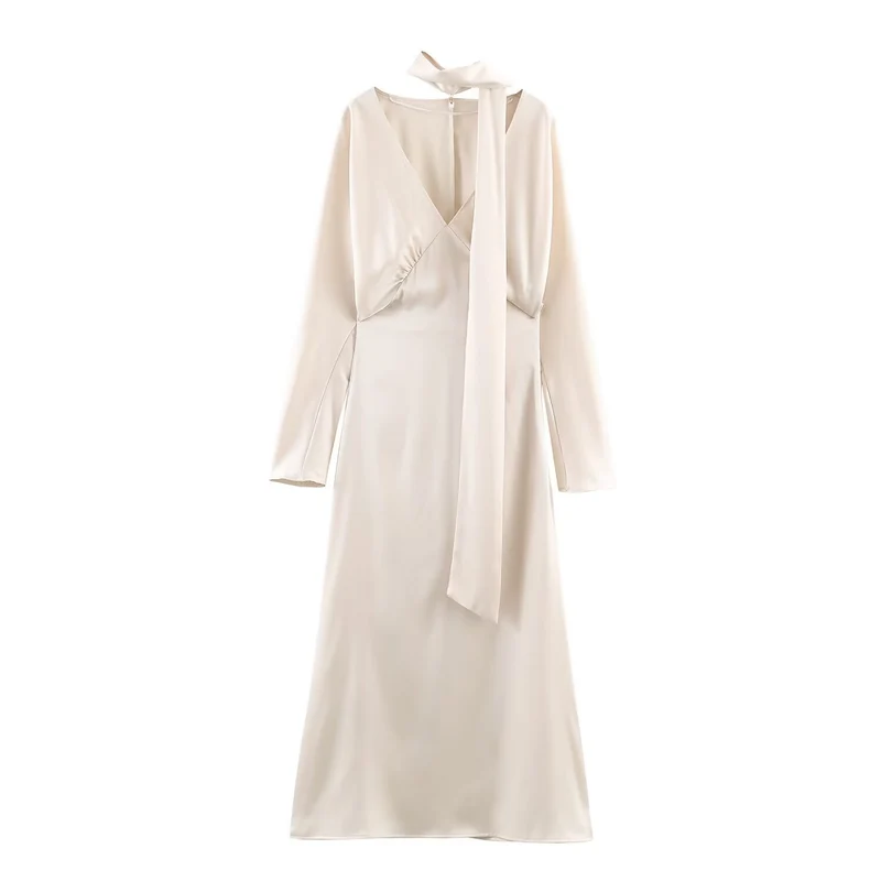 Damen Midikleid aus Satin mit tiefem V-Ausschnitt, langen Ärmeln und Schalkragen Nord Taschen