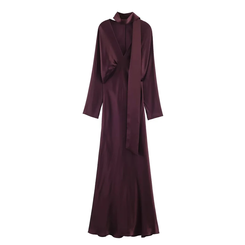 Damen Midikleid aus Satin mit tiefem V-Ausschnitt, langen Ärmeln und Schalkragen Nord Taschen