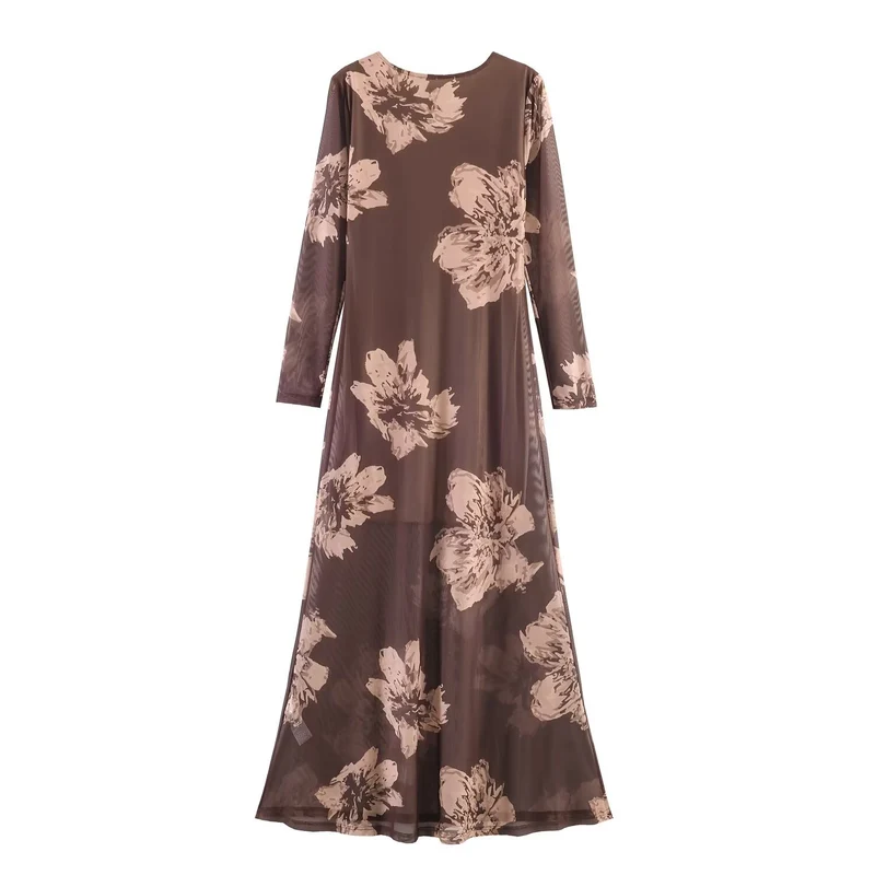 Damen Maxikleid mit semi-transparentem Mesh-Overlay, langen Ärmeln und ausgestellter A-Linie Nord Taschen