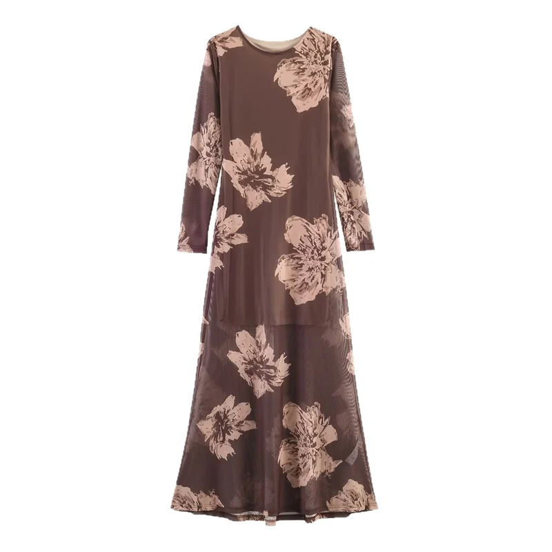 Damen Maxikleid mit semi-transparentem Mesh-Overlay, langen Ärmeln und ausgestellter A-Linie Nord Taschen