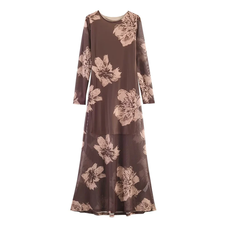 Damen Maxikleid mit semi-transparentem Mesh-Overlay, langen Ärmeln und ausgestellter A-Linie Nord Taschen