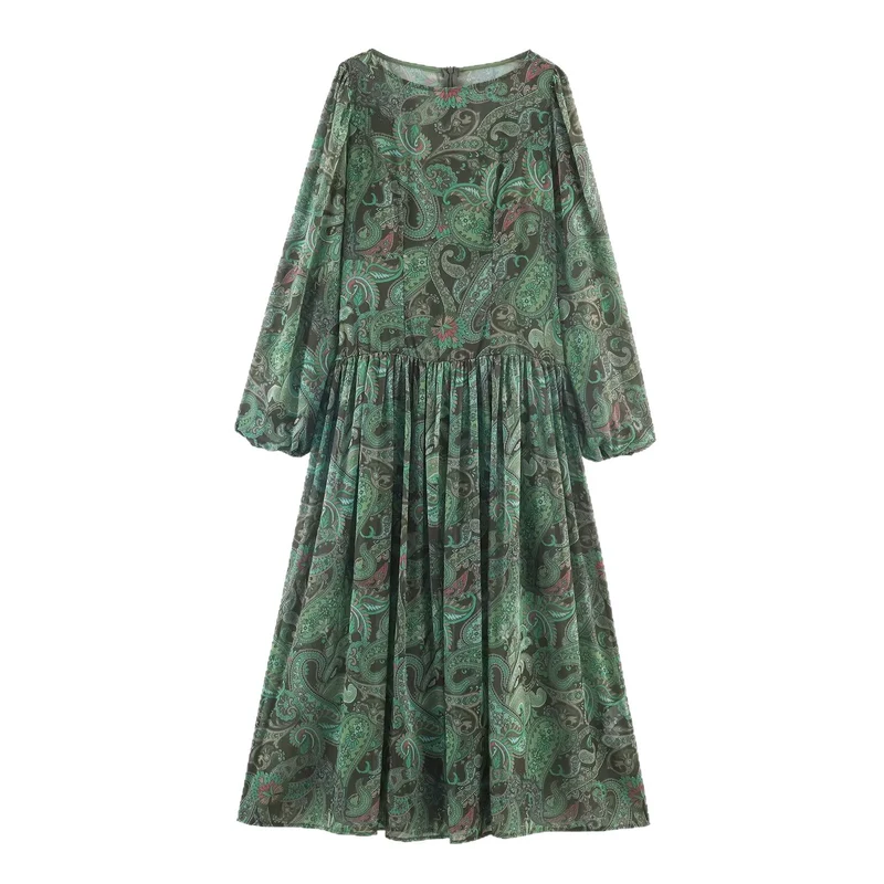Damen Maxikleid mit Paisley-Print, transparentem Chiffon und Ballonärmeln Nord Taschen
