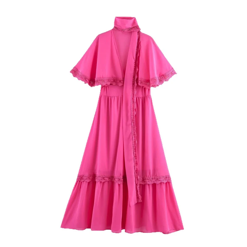 Damen Maxikleid mit Capelet, Stehkragen und Spitzenverzierung Nord Taschen