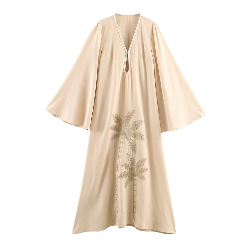 Damen Maxikleid-Kaftan mit Trompetenärmeln und Palmenstickerei Nord Taschen