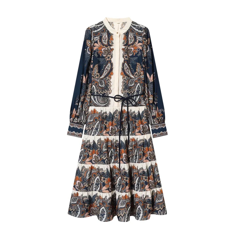 Damen Maxikleid im Stufenrock-Design mit Paisley-Print, Stehkragen und Taillenschnur Nord Taschen