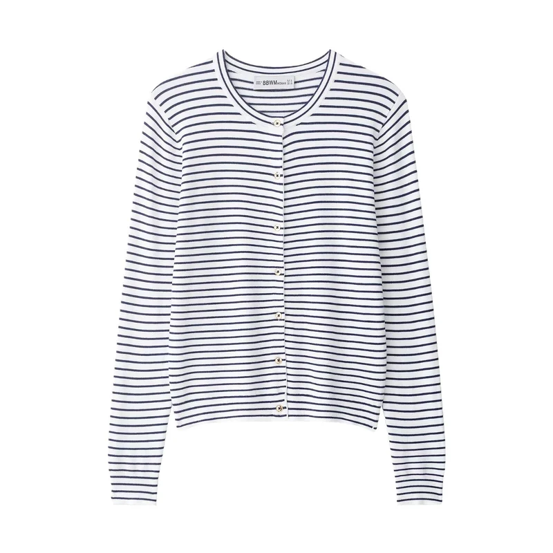 Damen Maritimer Feinstrick-Cardigan mit feinen Streifen und Perlmuttknöpfen Nord Taschen