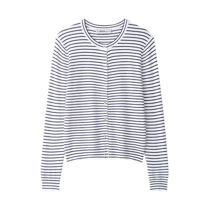 Damen Maritimer Feinstrick-Cardigan mit feinen Streifen und Perlmuttknöpfen Nord Taschen
