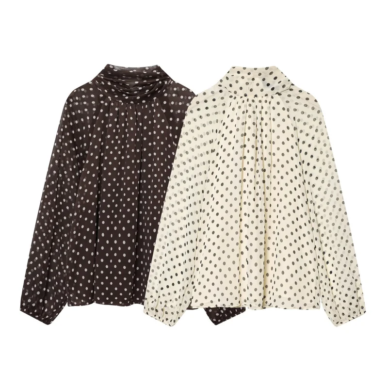 Damen Luftige Chiffon-Bluse mit Polka-Dots, Drapiertem Schlauchkragen und Ballonärmeln Nord Taschen