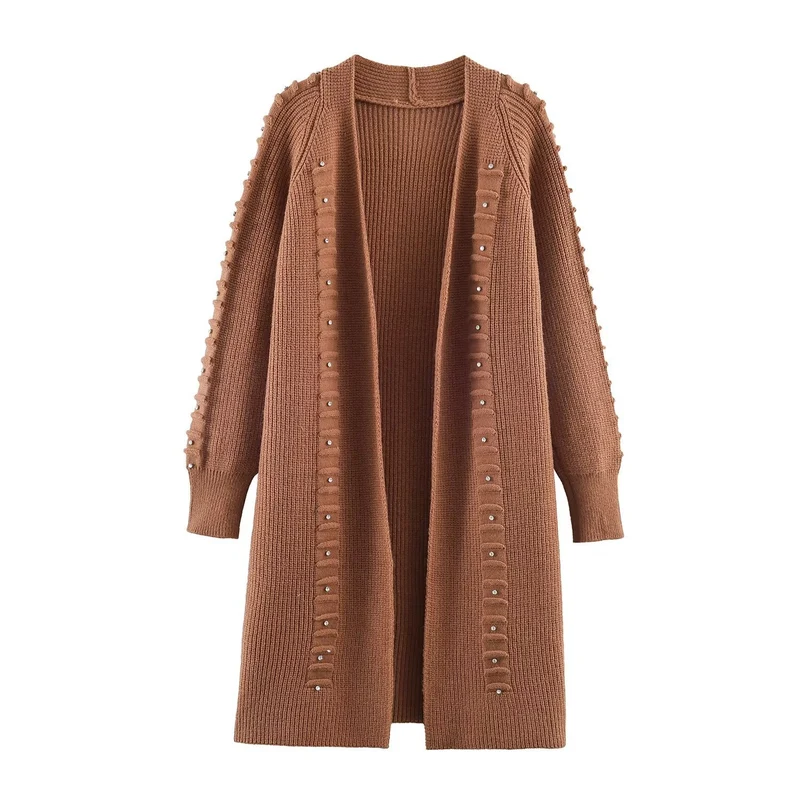 Damen Longline Strickcardigan mit Perlen- und Rüschendetail offene Front Nord Taschen