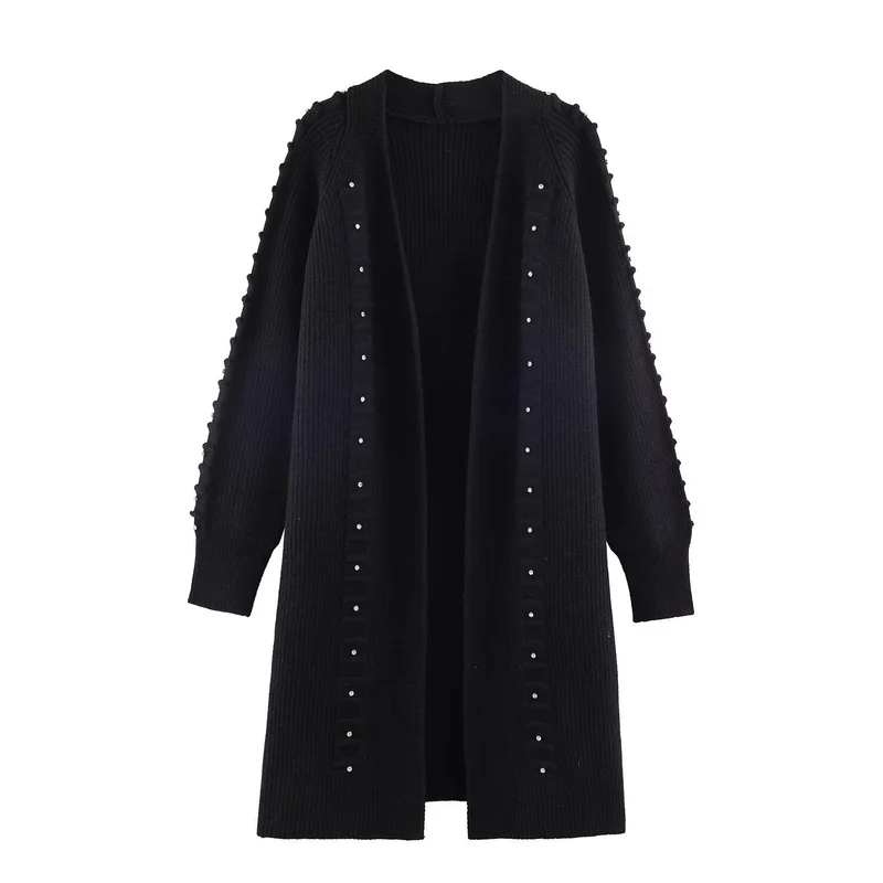 Damen Longline Strickcardigan mit Perlen- und Rüschendetail offene Front Nord Taschen