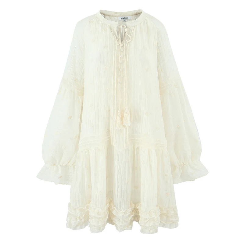 Damen Lockeres Boho-Minikleid mit Rüschen, Voluminösen Ballonärmeln und Quastenschnürung Nord Taschen