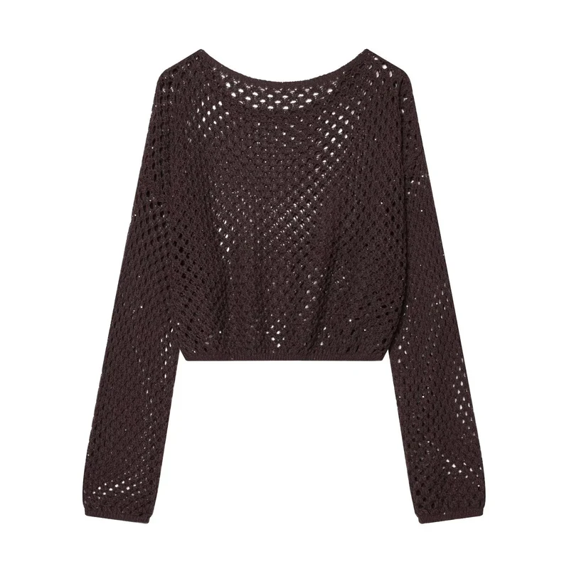 Damen Lockerer gehäkelter Cropped‑Pullover mit Ajourmuster Nord Taschen