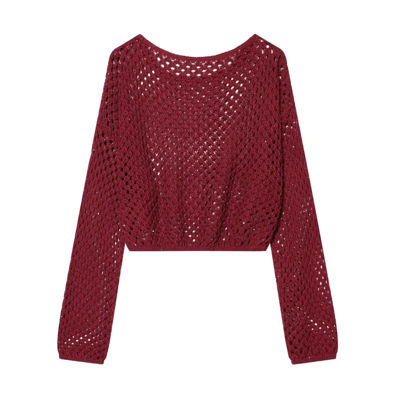 Damen Lockerer gehäkelter Cropped‑Pullover mit Ajourmuster Nord Taschen