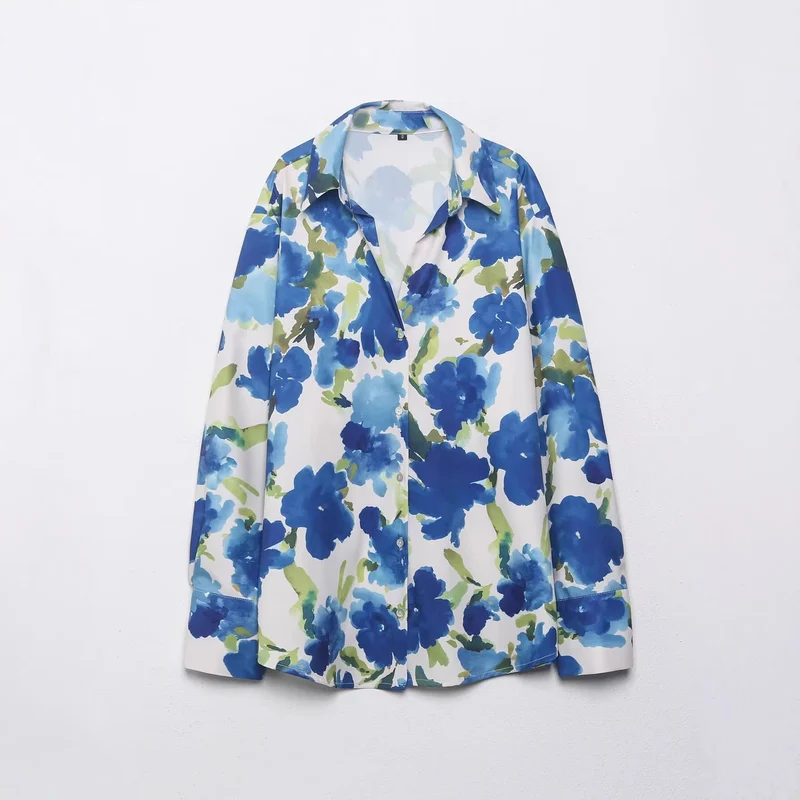 Damen Locker geschnittene seidenähnliche Hemdbluse mit Aquarell-Print Nord Taschen