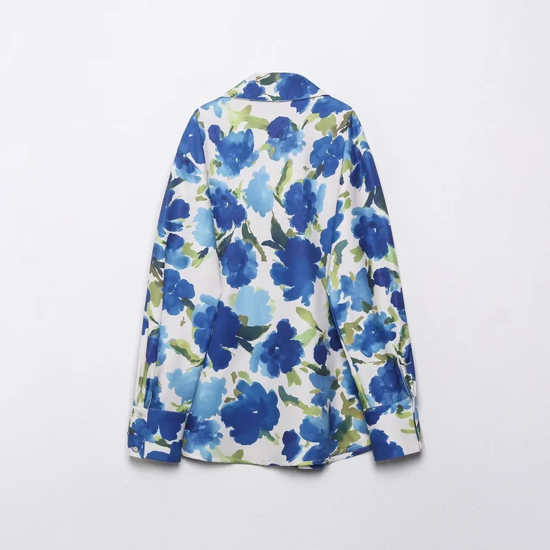 Damen Locker geschnittene seidenähnliche Hemdbluse mit Aquarell-Print Nord Taschen