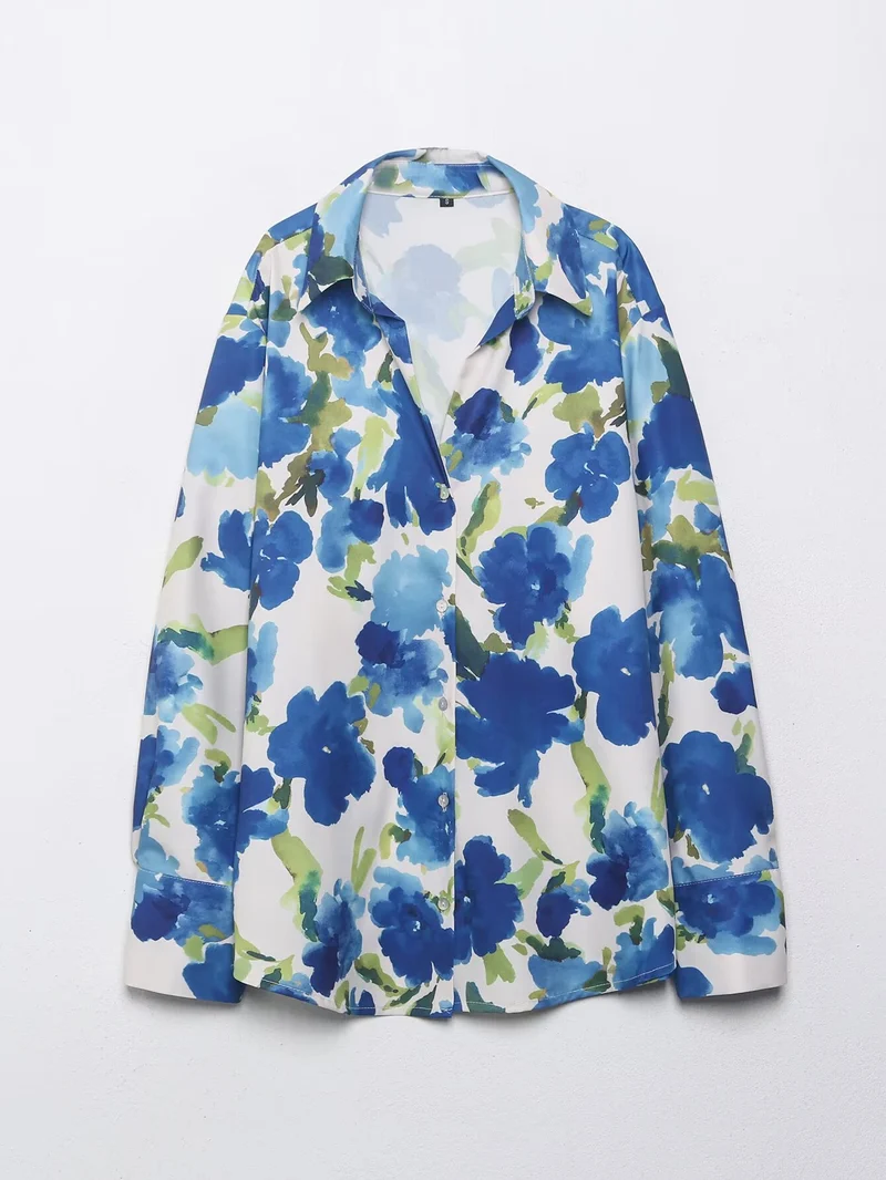 Damen Locker geschnittene seidenähnliche Hemdbluse mit Aquarell-Print Nord Taschen