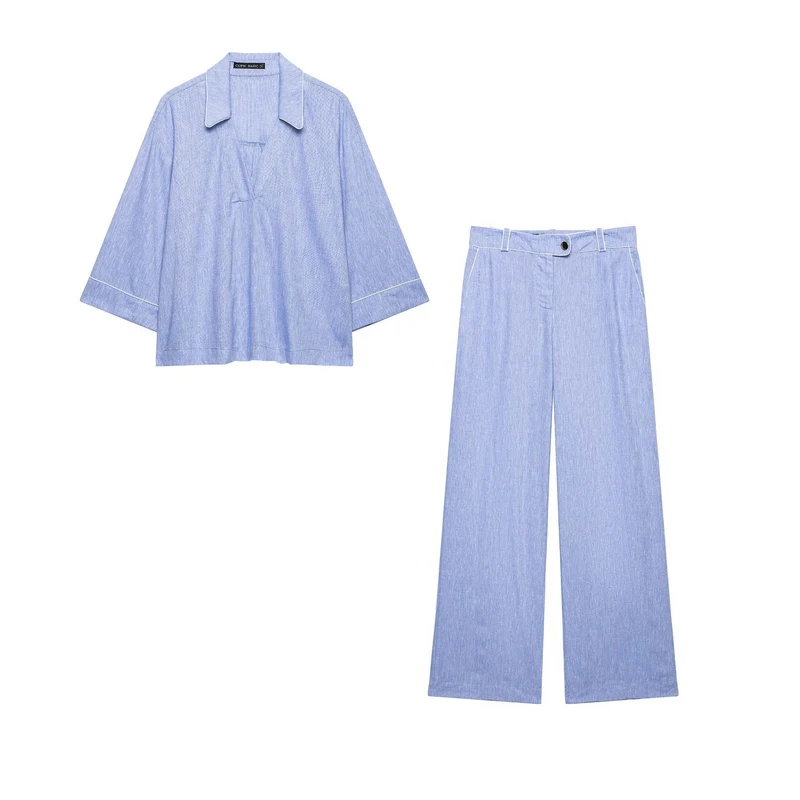 Damen Leichtes Leinenoptik-Zweiteiler mit oversized Hemdoberteil und Highwaist Wide‑Leg Hose Nord Taschen