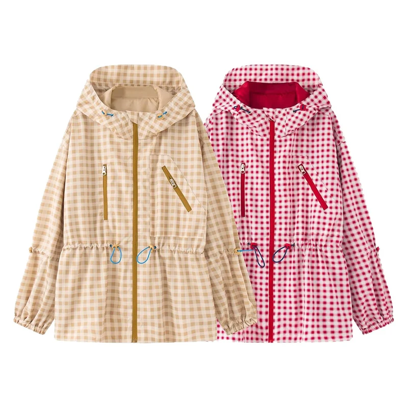 Damen Leichter Vichy‑Karo‑Parka mit Kapuze, Tunnelzugtaillierung und Reißverschlusstaschen Nord Taschen