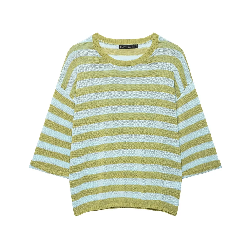Damen Leichter gestreifter Strick-Poncho mit weitem Kurzarm und U-Boot-Ausschnitt Nord Taschen