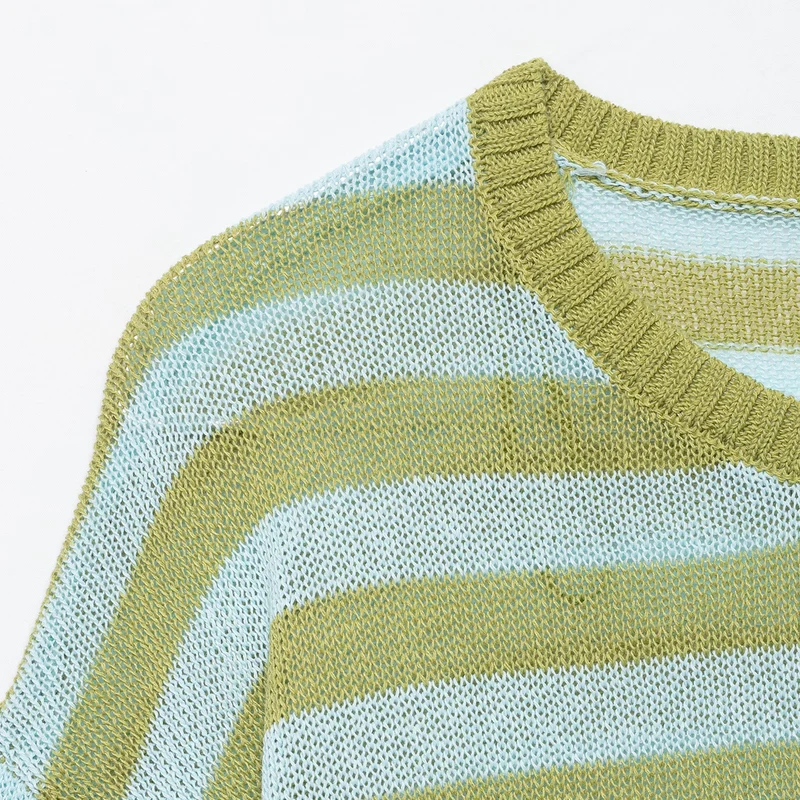 Damen Leichter gestreifter Strick-Poncho mit weitem Kurzarm und U-Boot-Ausschnitt Nord Taschen