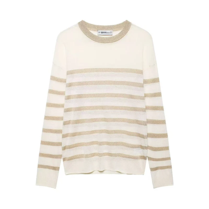 Damen Leichter gestreifter Feinstrickpullover mit metallischem Lurex‑Streifen und Rundhals Nord Taschen