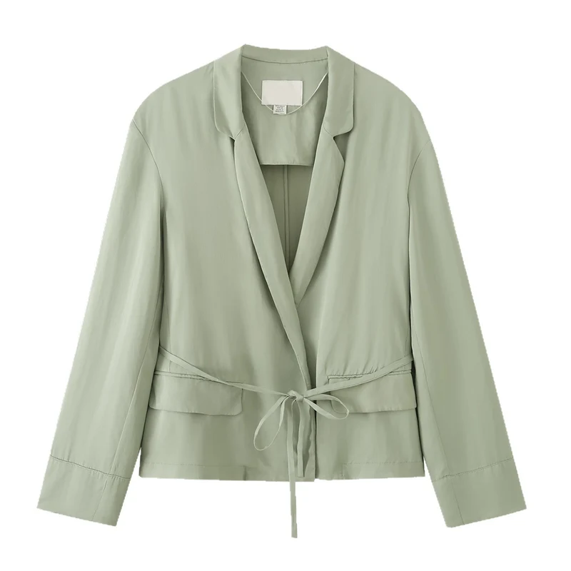 Damen Leichter Cropped Blazer mit Bindegürtel und Schalkragen Nord Taschen