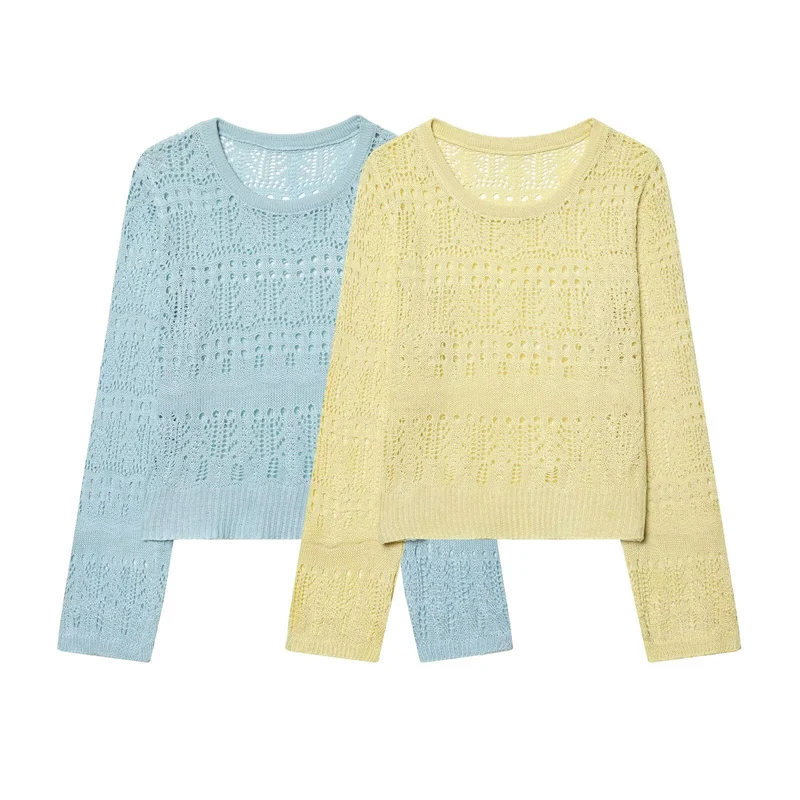 Damen Leichter Ajourstrick-Pullover mit Rundhalsausschnitt und Boxy-Cropped-Schnitt Nord Taschen