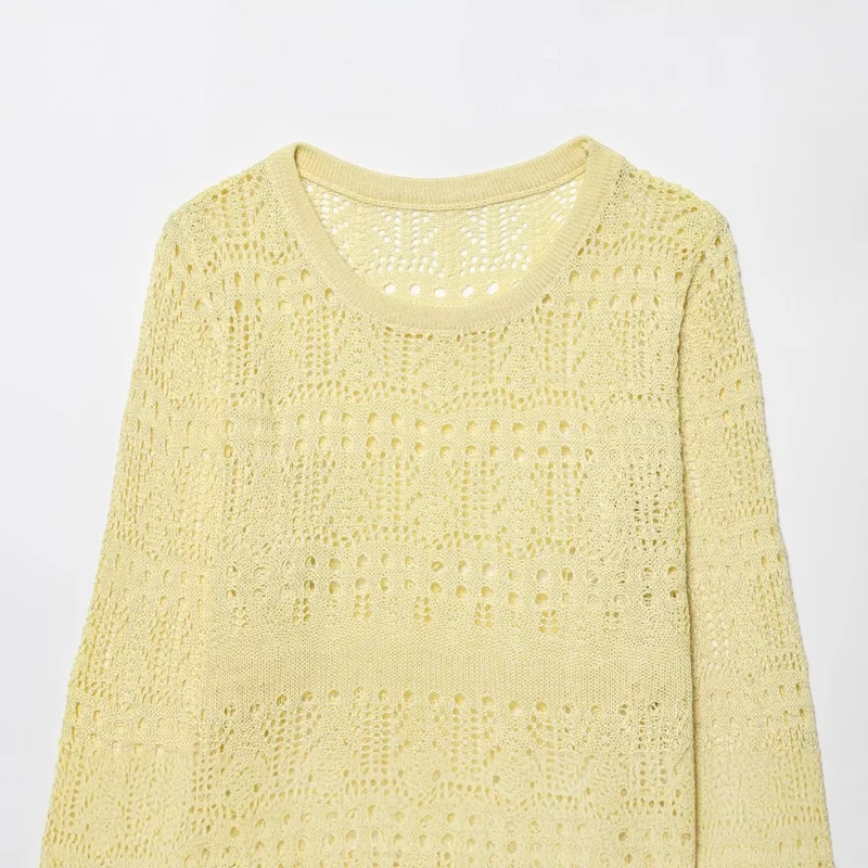 Damen Leichter Ajourstrick-Pullover mit Rundhalsausschnitt und Boxy-Cropped-Schnitt Nord Taschen