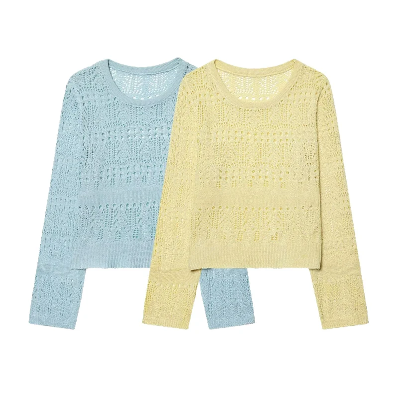 Damen Leichter Ajourstrick-Pullover mit Rundhalsausschnitt und Boxy-Cropped-Schnitt Nord Taschen