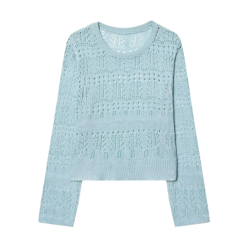Damen Leichter Ajourstrick-Pullover mit Rundhalsausschnitt und Boxy-Cropped-Schnitt Nord Taschen