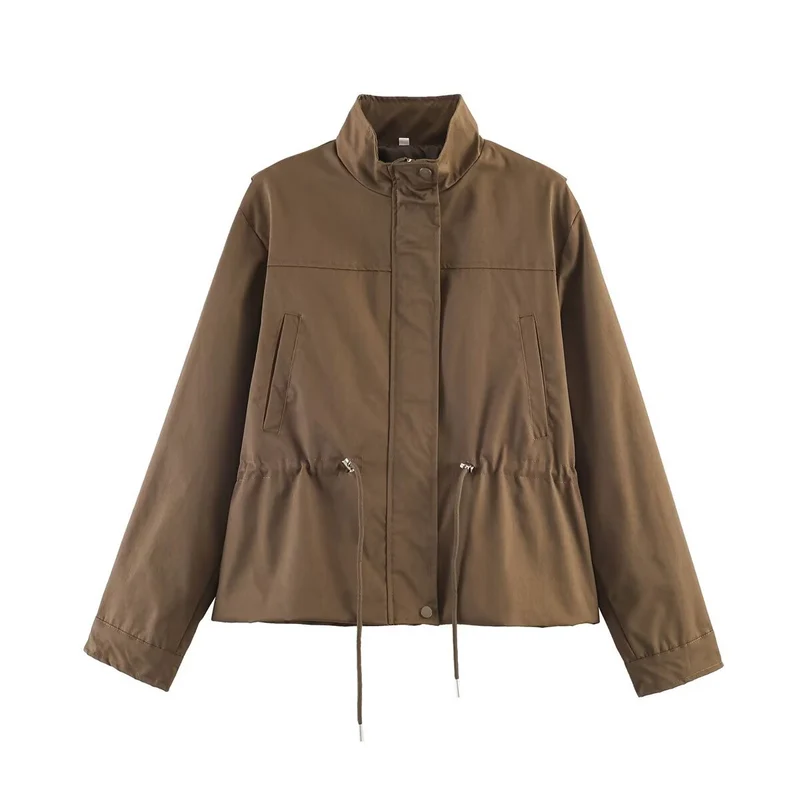 Damen Leichte Windbreaker-Übergangsjacke mit Tunnelzugtaillierung und Stehkragen Nord Taschen
