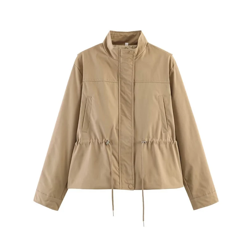 Damen Leichte Windbreaker-Übergangsjacke mit Tunnelzugtaillierung und Stehkragen Nord Taschen