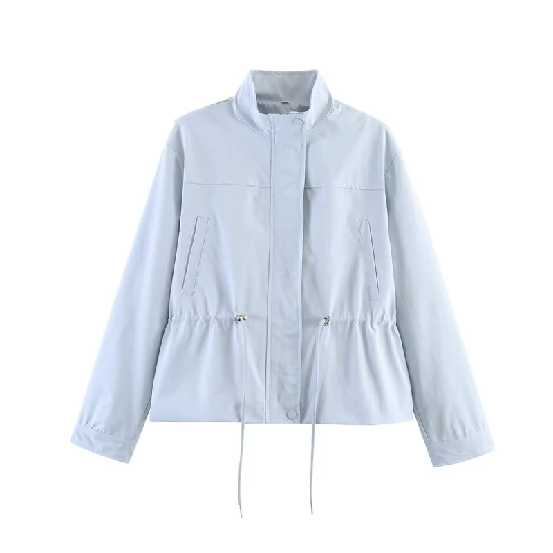 Damen Leichte Windbreaker-Übergangsjacke mit Tunnelzugtaillierung und Stehkragen Nord Taschen