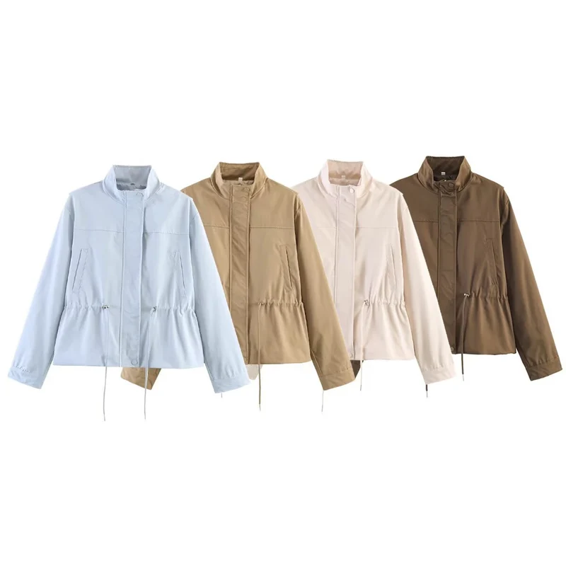 Damen Leichte Windbreaker-Übergangsjacke mit Tunnelzugtaillierung und Stehkragen Nord Taschen