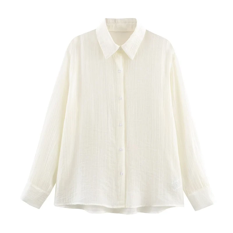 Damen Leichte weite Bluse mit Crinkle-Struktur und Hemdkragen Nord Taschen